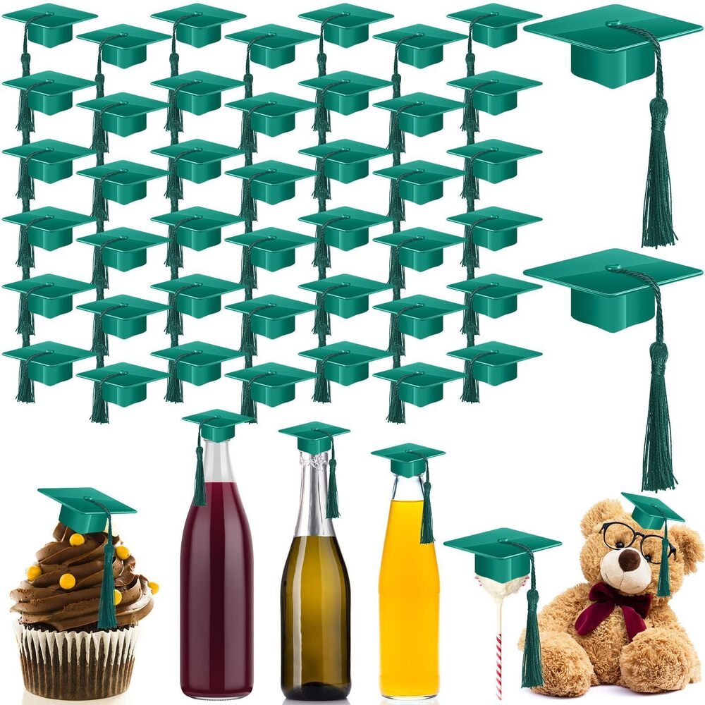 3913 60 Pieces Mini Graduation Cap Green Hats with Green Tassels Plastic